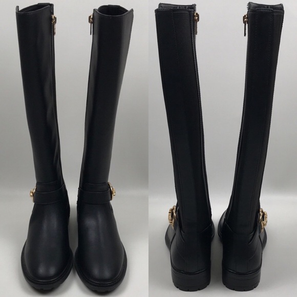 COACH Farrah Black Leather Tall Riding Boots Logo Buckle NEW NWOB - Picture 3 of 16